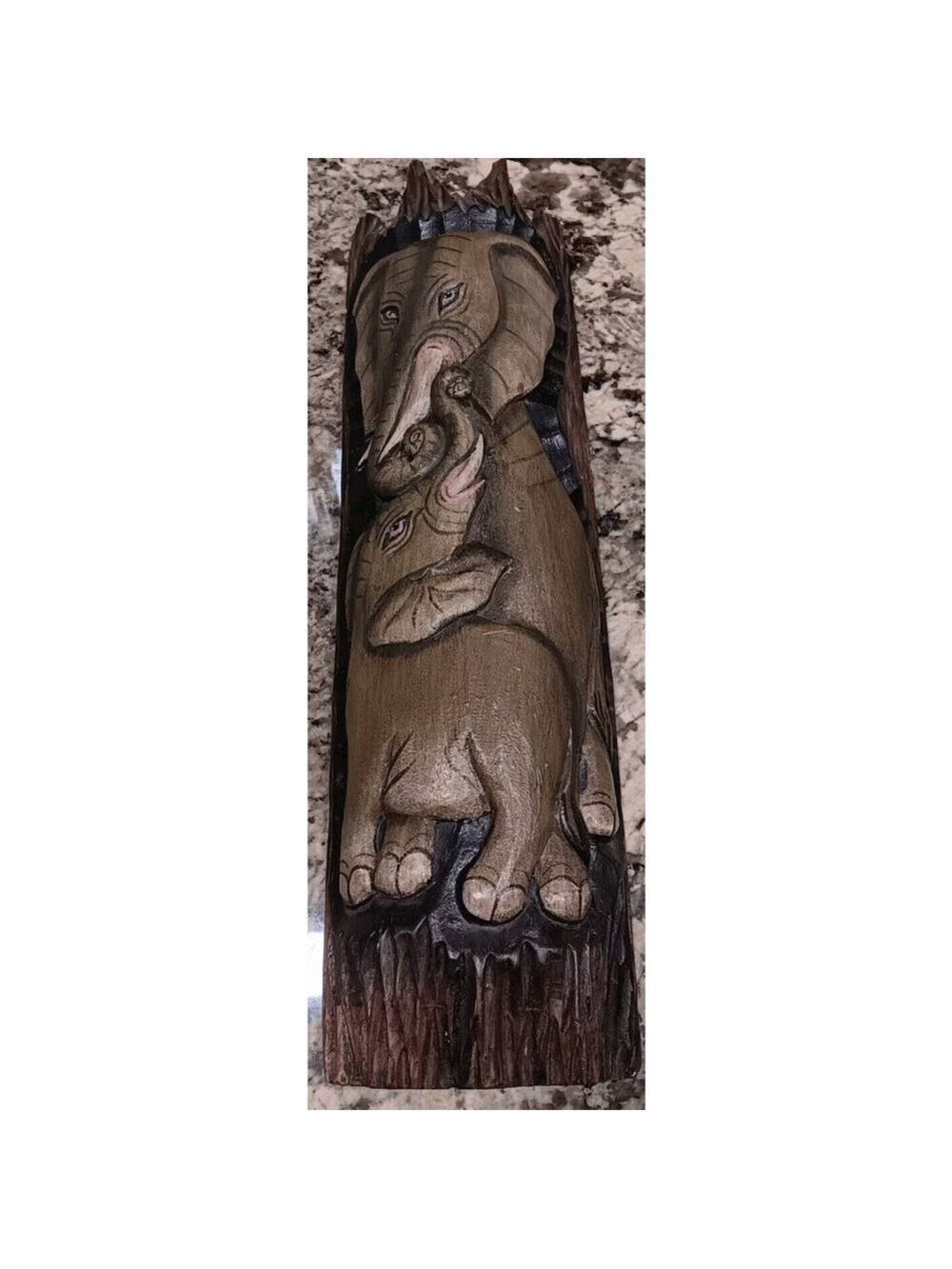 Hand Carved Twin Elephants Wood Wall Art Beautiful